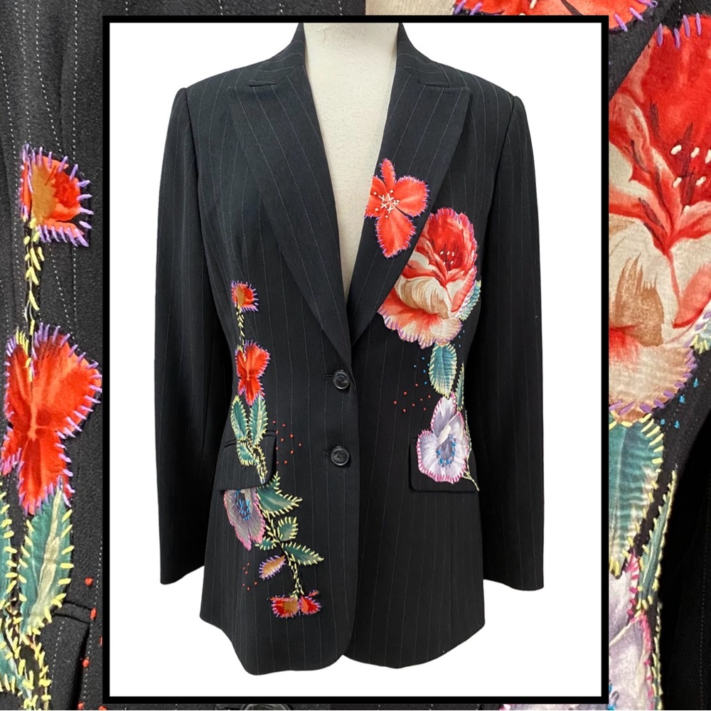 JON 2pc Black Pinstripe Jacket Pant Suit Floral Appliqué Embroidery Sz 6 NEW
